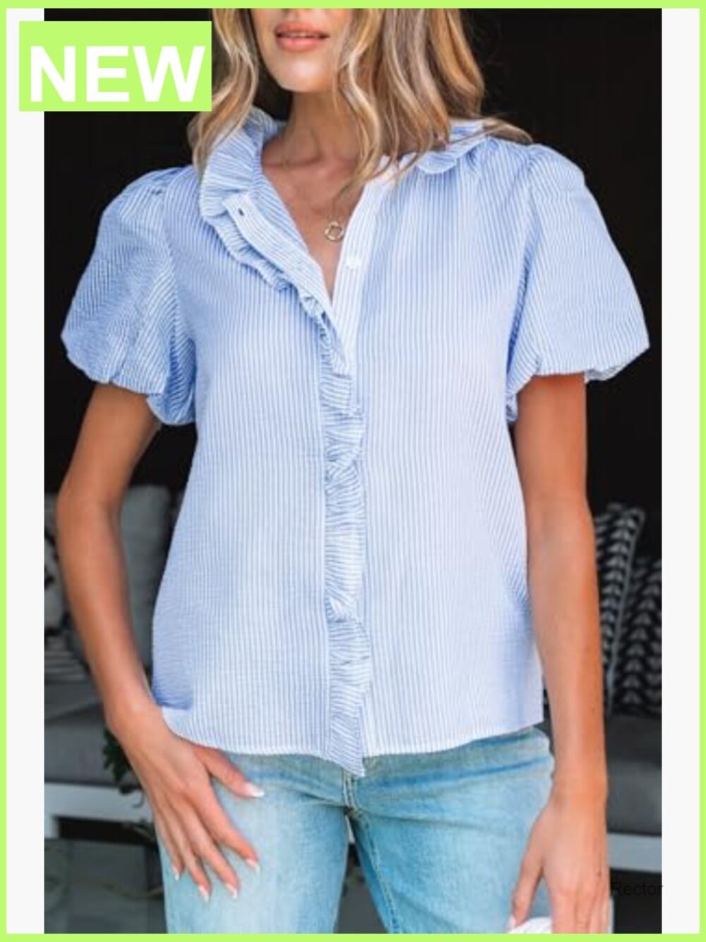 Striped Ruffle Mock Neck Button Down Blouse Long Sleeve - Picture 3 of 7